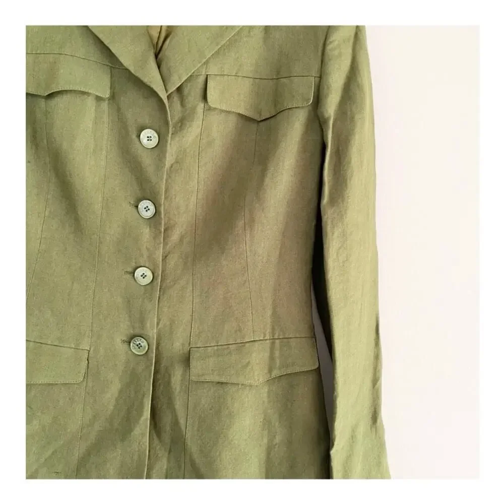 Iceberg Army Green 100% Linen Button Front Utilitarian Blazer Jacket Size IT 42